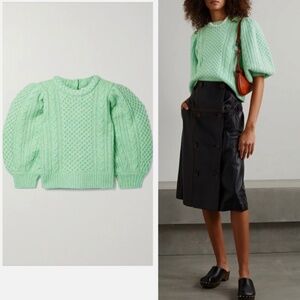 ★NWT Org.$425 Sea NY Ebba Cable-Knit Puff Sleeve Sweater Mint Size M★